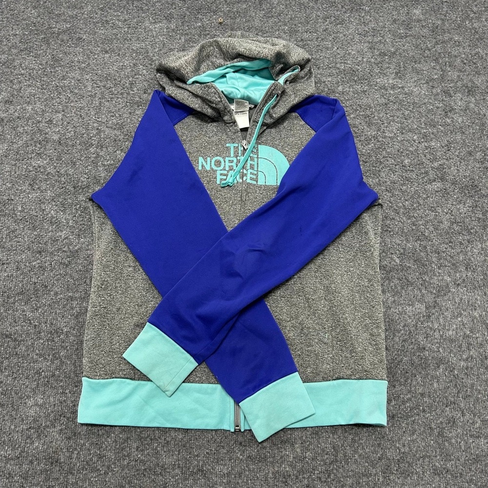 The North Face Hoodie Womens Size L Grey Blue Teal Colorblock Full Zip Athletic